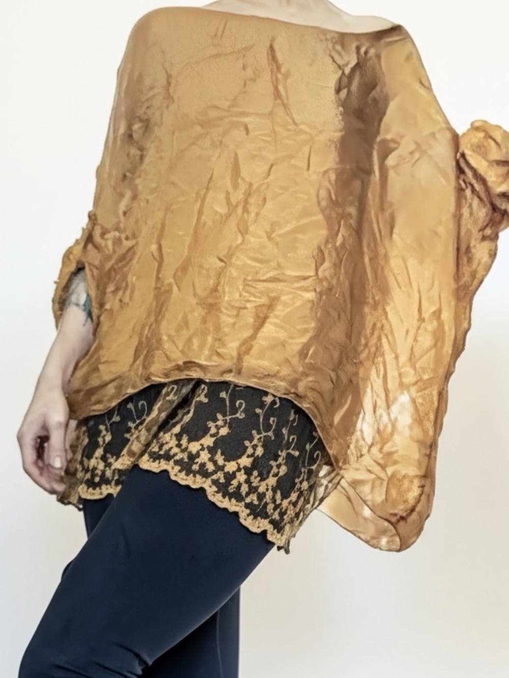 Women's Gold Italian Tunic Top with Lace Hem
